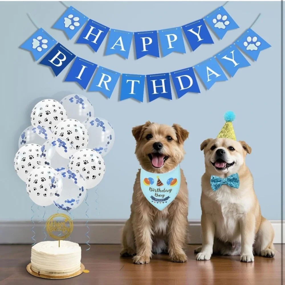 Dog Blue Bandana Set with Hat, Scarf, Banner, Balloons and Bowtie